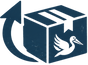A stylized navy blue and white icon showing a cardboard box with a white bird emblem on the front and a curved upward arrow around it, on a plain white background.