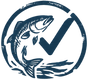 A dark blue graphic logo featuring a jumping fish and a checkmark inside a circular border on a white background.